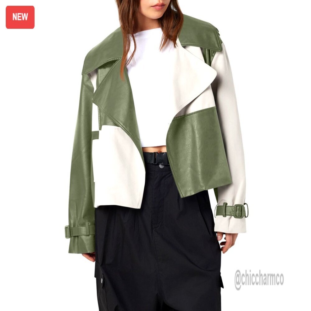 Oversized Cropped Leather Jacket with Color Block Design, Side Pockets - Picture 1 of 7